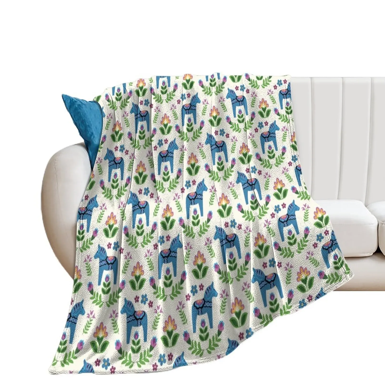 

Swedish Dala Horses Blue Throw Blanket Retros Moving Luxury Brand Quilt Blankets