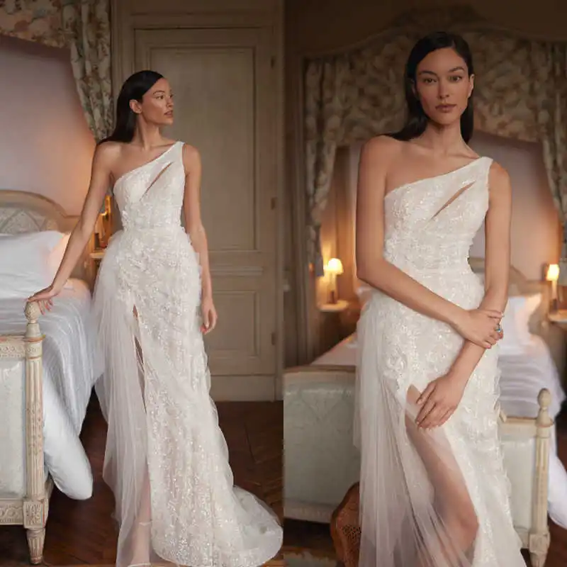 Gorgeous Sequin One-Shoulder Wedding Dress Sheer Cutout High-Slit Mermaid Formal Bridal Gown Vestido De Novia Customized
