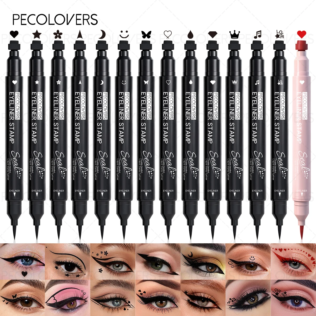 14 Pcs/SET Dual-Ended Stamp Liquid Eyeliner, Black, Multi-Pattern Stamp (Cat Eye Smiley Moon Heart), One-Swipe, Quick-Drying