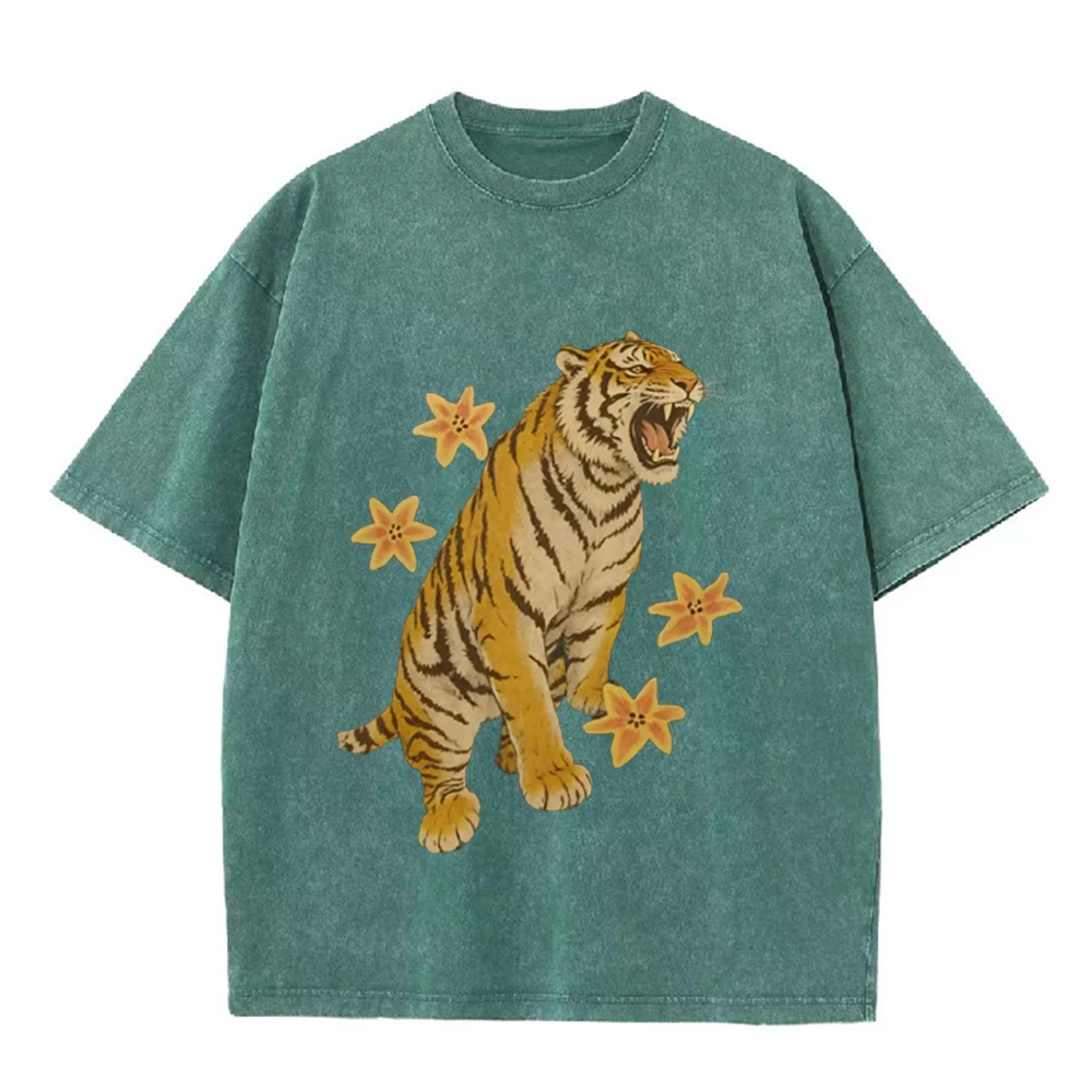 2026 Vintage Washed Black Roaring Tiger Flower Graphic T Shirt Oriental Animal Oversized Loose Streetwear Casual Short Sleeve Te