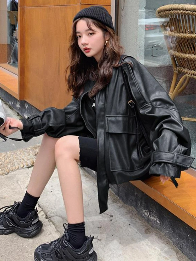 

Korean Fashion Outerwear Leather Jacket Women Summer Short Moto Streetwear Faux Loose Coats 2022 Autumn Female Trend Chic Tops