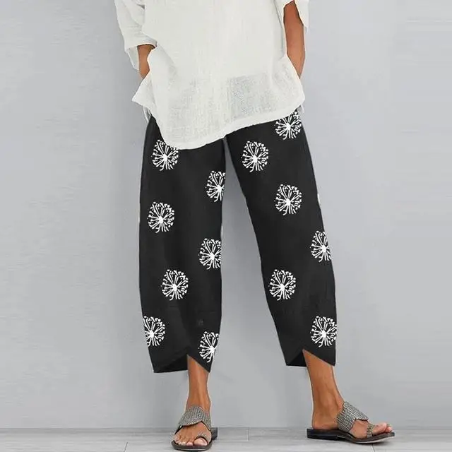Women Harem Pants Vintage Cotton Linen Elastic Waist Wide Leg Trousers Female Casual Solid Pockets Loose Cropped Pants