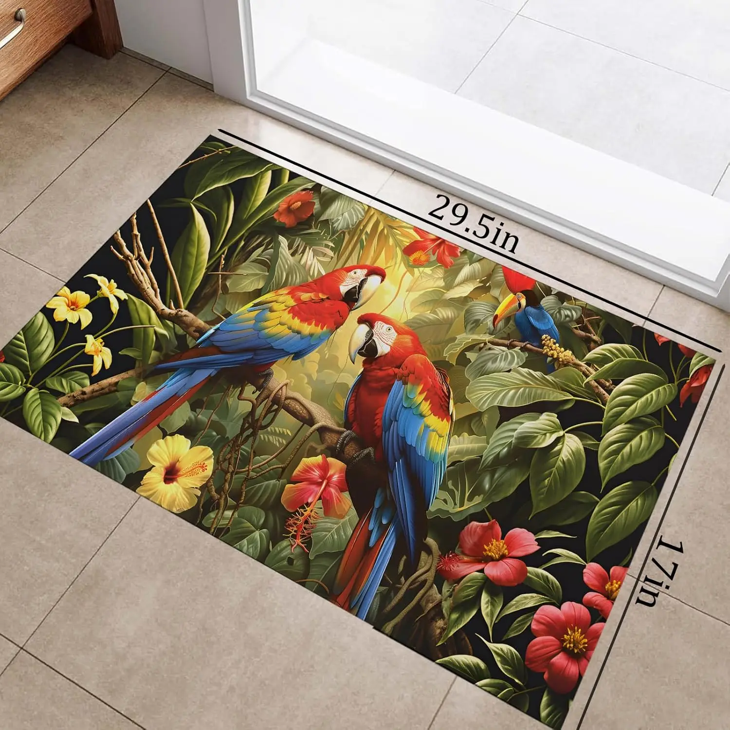 Tropical Parrot Flower Print Door Mat Non Slip Entryway Rug for Home Garden Patio Decor Colorful Bird Design Indoor Outdoor Use