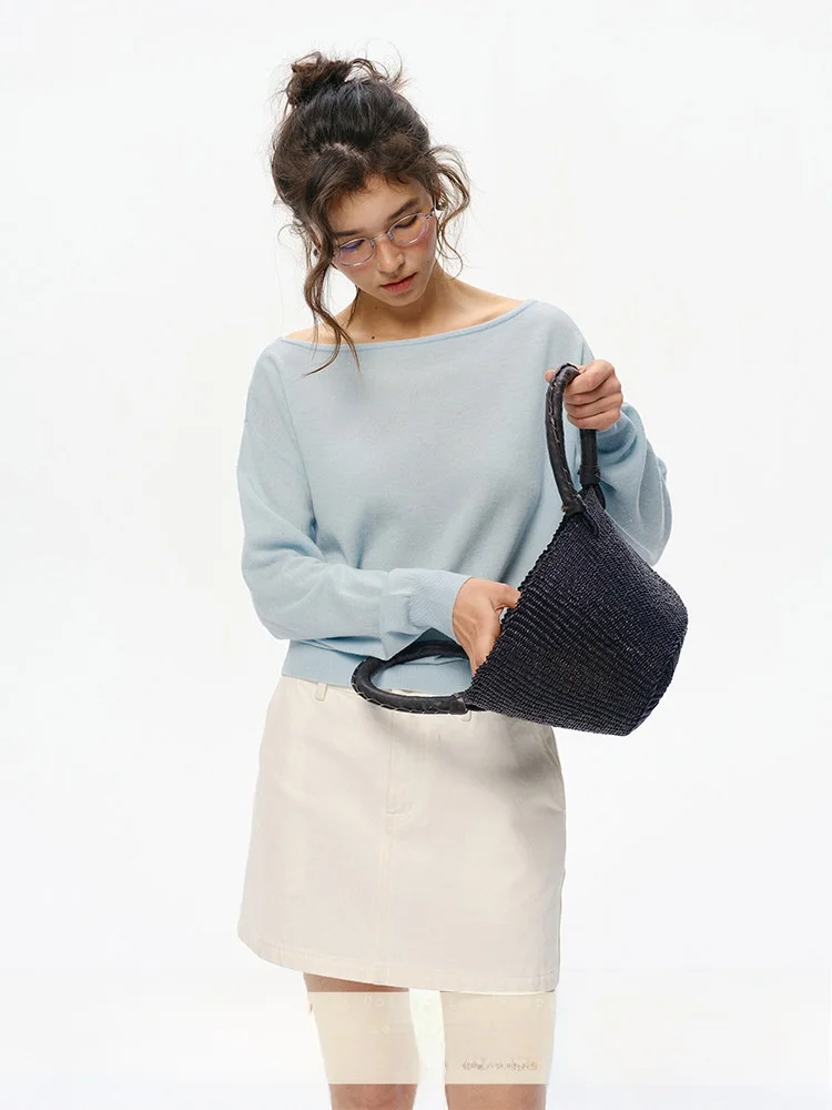 

00% Wool Knitted Long Sve One-oulder Women's Pure Color Simple Match Spring Sweater Comfortable Soft Commute Sle Loos...