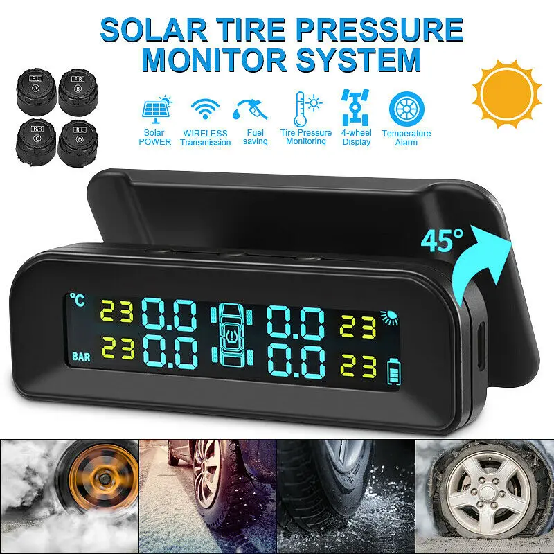 A96E-Solar Wireless USB TPMS Car Tire Pressure Monitor System HD LCD Display 4 External Sensor Tire Pressure Temperature Warning