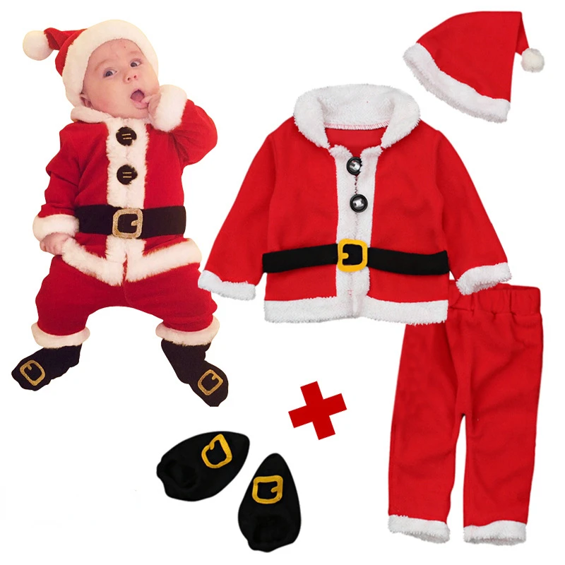 4PCS/Set Christmas Santa Claus Plush Outfit Newborn Clothing Sets Baby  Winter Fleece Tops+Pants+Hats+Socks Children Clothes cos