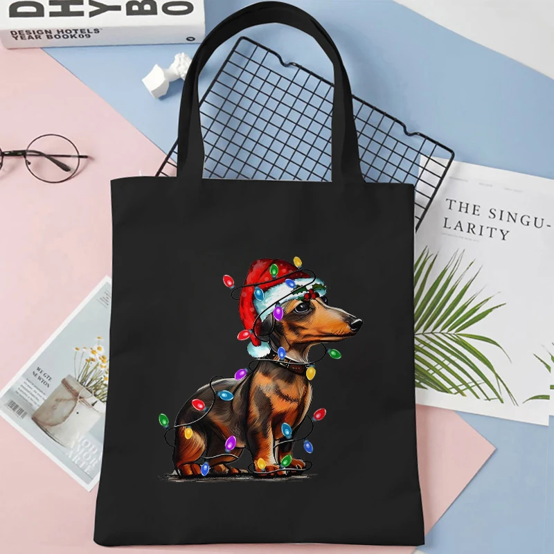 عيد الميلاد الكلب أكياس التسوق حفلة عيد الميلاد حمل حقيبة عيد الميلاد موضوع المرأة أكياس التسوق حقيبة قماش قنب مع حقائب اليد حقيبة سوبر ماركت