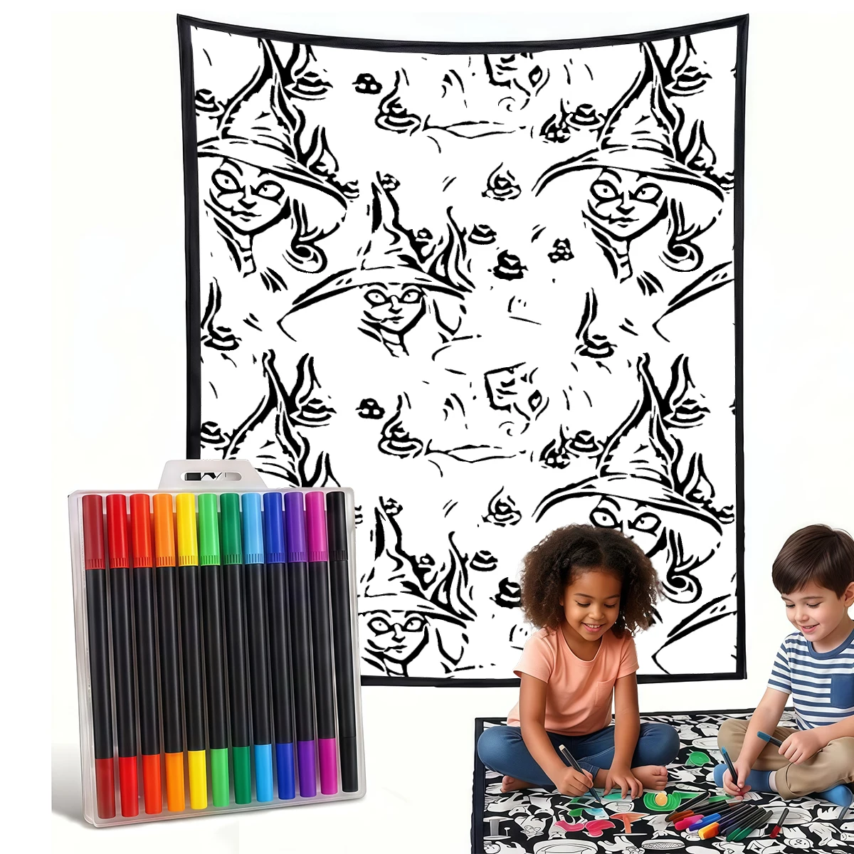 Green Witches Orange Eyes DIY Cozy Coloring Blankets -24 Markers, Cozy Velvet Ideal For Daily Use Home Decor And Kids Spaces