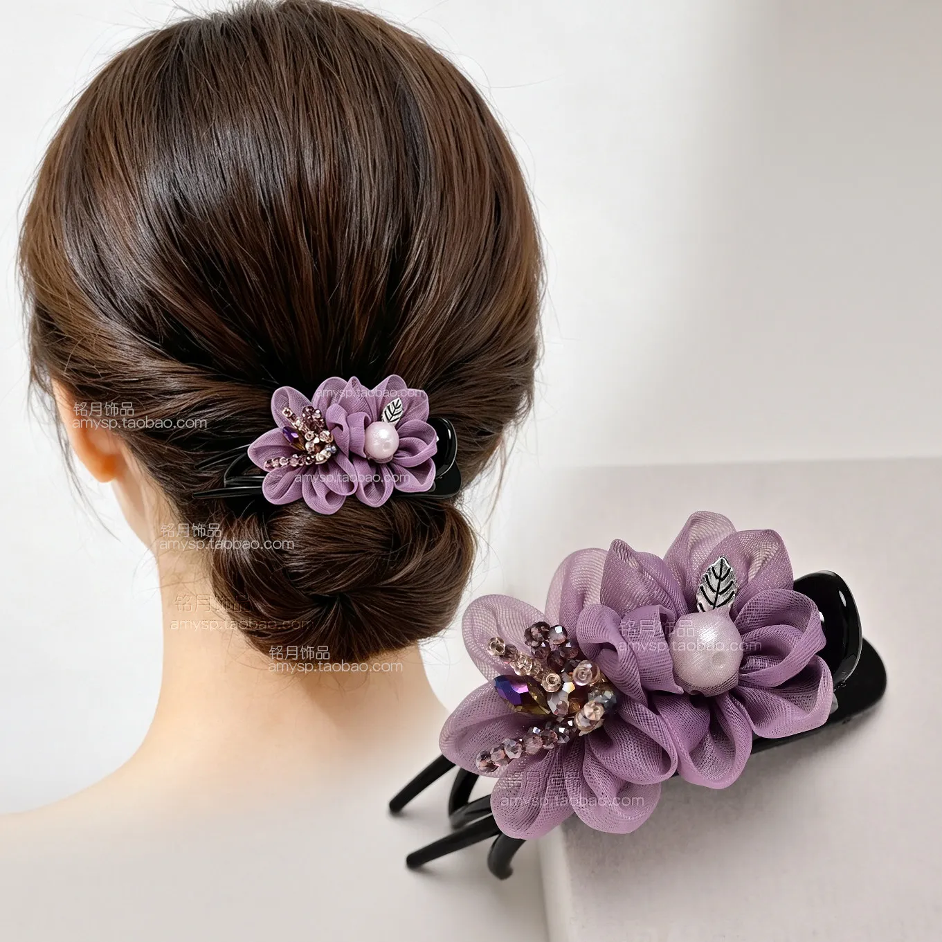 Chinese Style Lucky Purple Chiffon Flower Hair Claw Faux Pearl Rhinestone Three Prong Updo Clip For Women Elegant Hair Accessory
