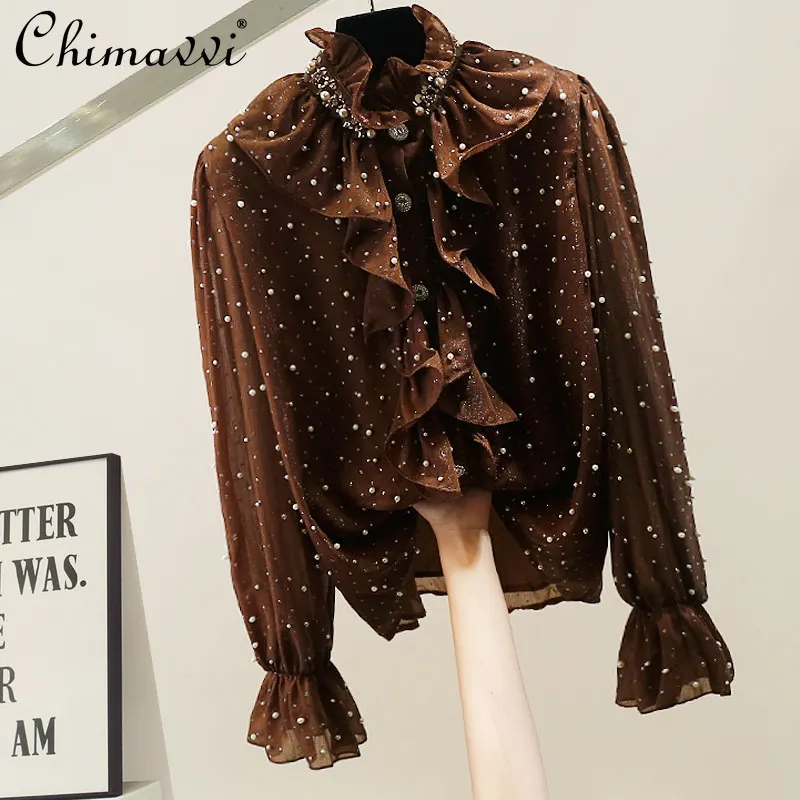 

Fashion Heavy Beading Retro Polka Dot Chiffon Blouse Women Ruffled Edge Patchwork Decoration Elegant Slim Top Spring New