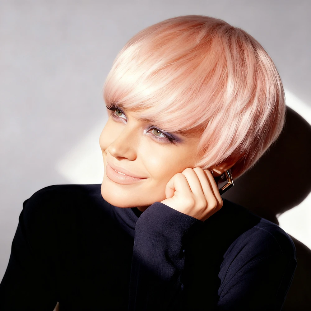 شعر مستعار بقص عابث، شعر بشري قصير وردي اللون مع غرة للنساء، قبعة مصنوعة آليًا، شعر ريمي برازيلي قصير، شعر بشري مفرود