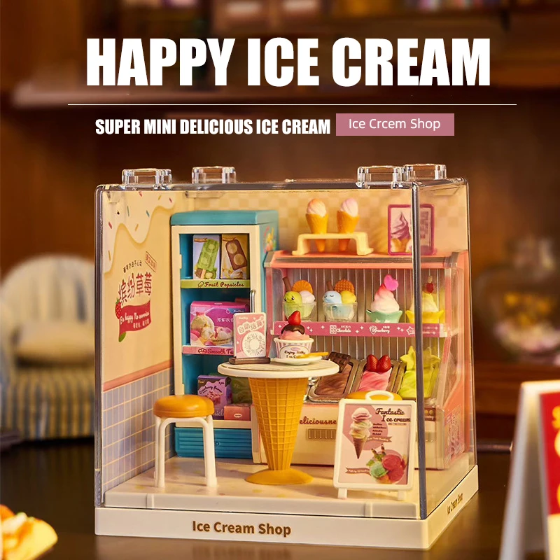 Creative DIY House Mininatures Scene Assemble Model Kit with Dust Cover Dessert Ice Cream Shop Mini DollHouse Models Toys Gifts