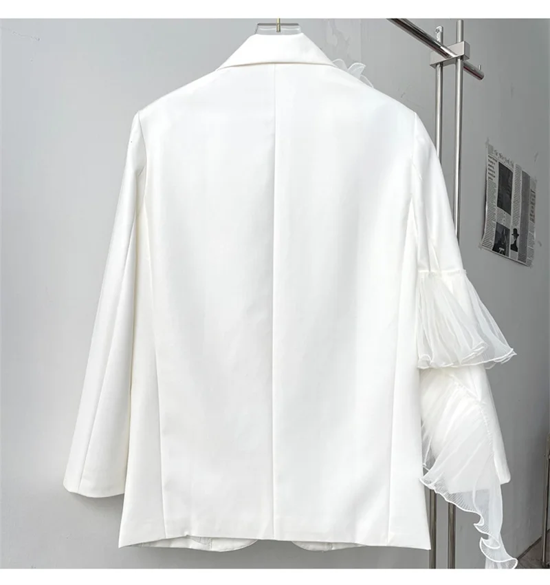 Fashionable White Women's Suit Splicing Three-dimensional Mesh Ribbon Sleeve Top Single Breasted Loose Small FragrantStyleJacket