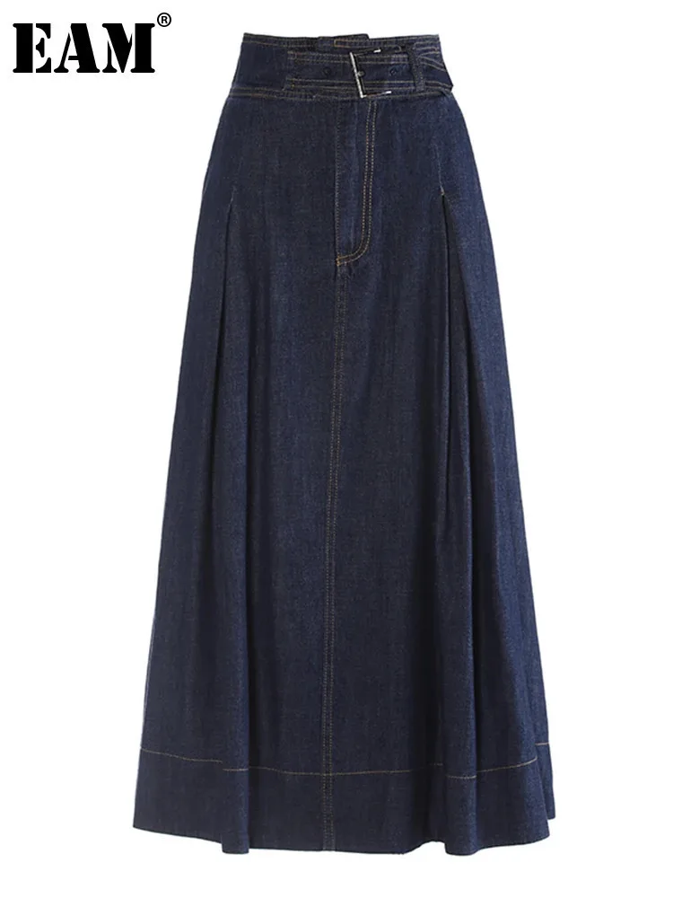 

[EAM] High Waist Blue Denim Buckle Vintage Long A-line Half-body Skirt Women Fashion Tide New Spring Autumn 2024 1DH6733