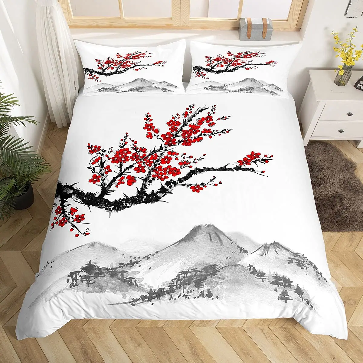 

Japanese-Style Duvet Cover Red Cherry Blossoms Printed Mount Fuji Duvet Cover Ink Painting Black White Pattern Room Decor Women