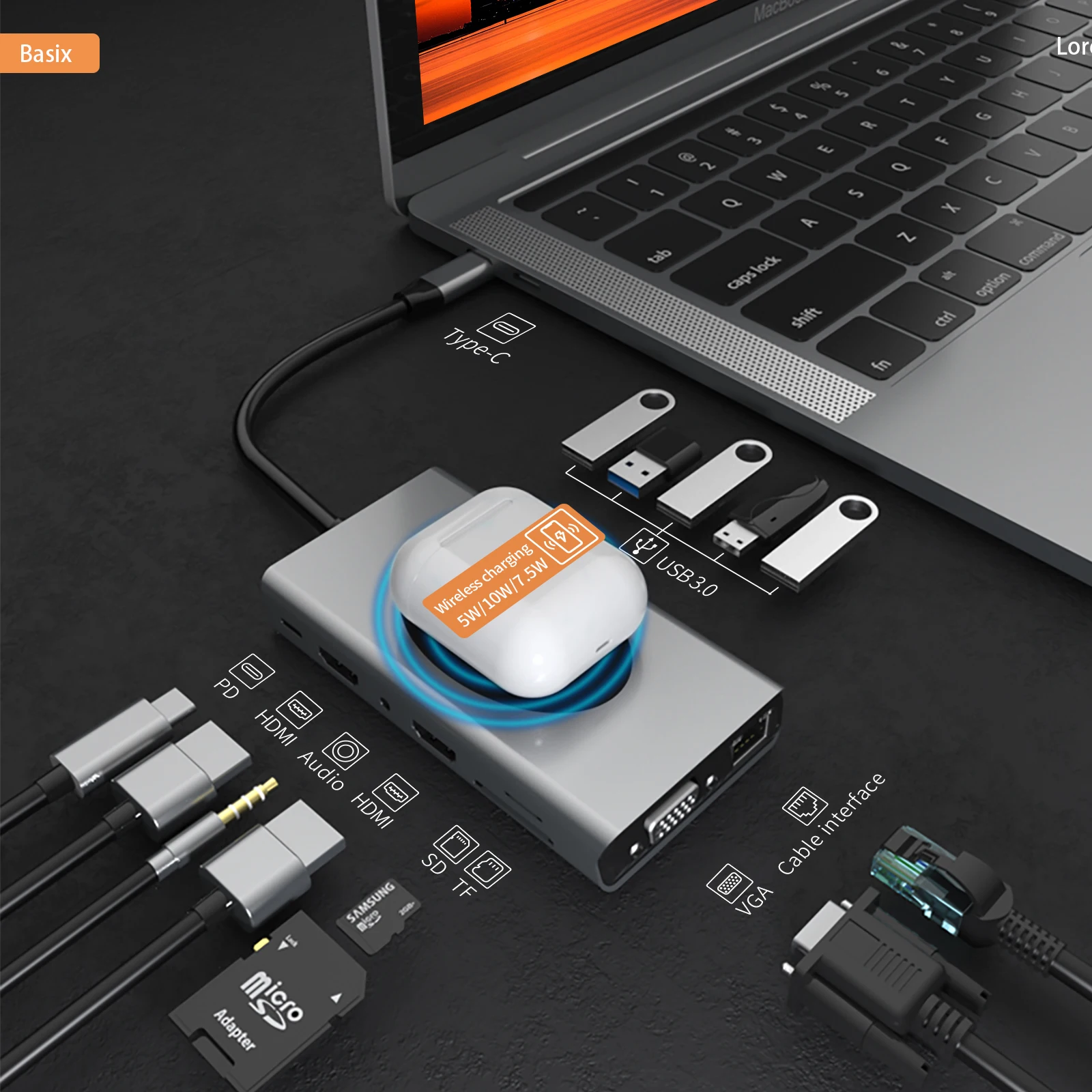 

USB C HUB Double HD-MI 4K30Hz Док-станция типа C с беспроводной зарядкой 10 Вт RJ45 Ethernet для Macbook iPad M2 M1 Док-станция