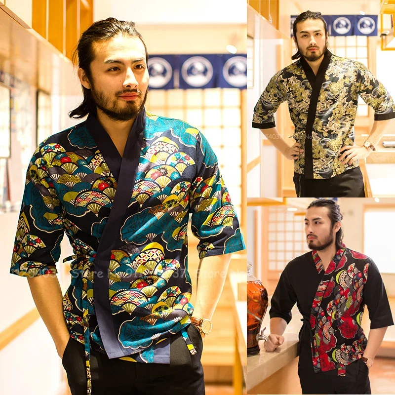 Kimono estampado para hombre, uniforme de trabajo de Chef, Sushi, restaurante, abrigo, bata de servicio de comida, estilo japonés, chaquetas de cocina, camisa de blusa