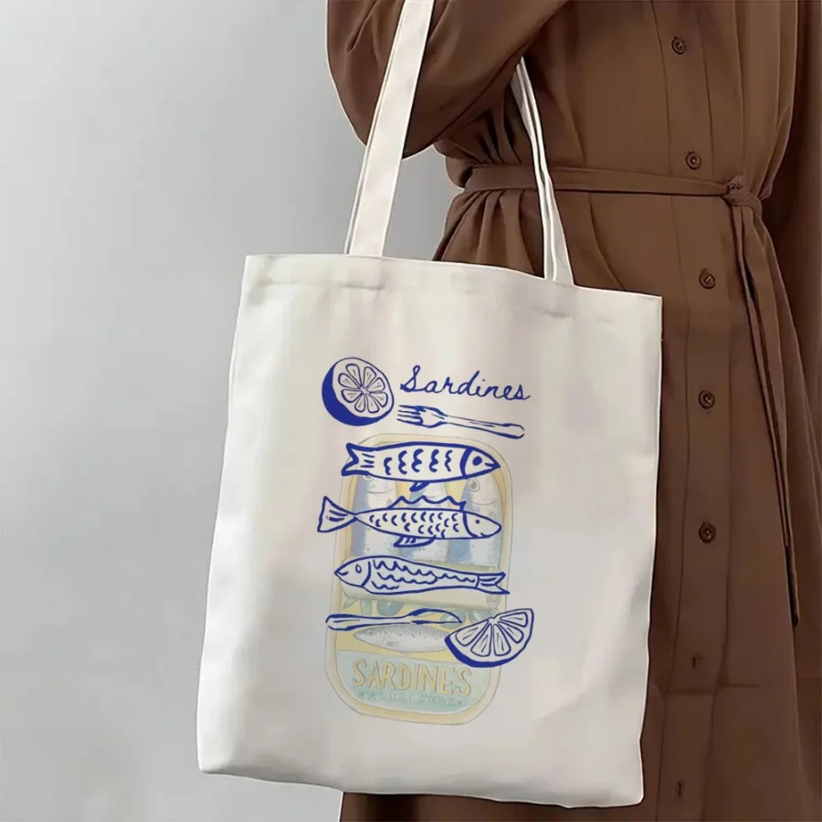 Sardines Tin Print Canvas Tote Bag Seaside Photogenic Prop Large Capacity Daily Commute Essential For Women Girl Trendy Style