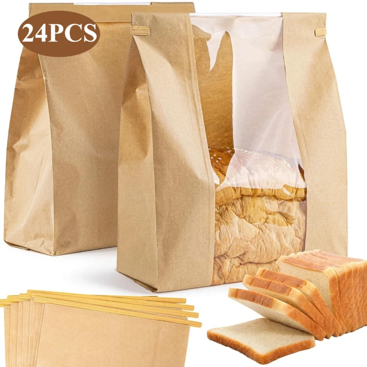 24pcs Paper Bread Bags Versatile Homemade Sourdough Bread Toast Wire Seal Storage Bags with Window for Home Bakery Essential