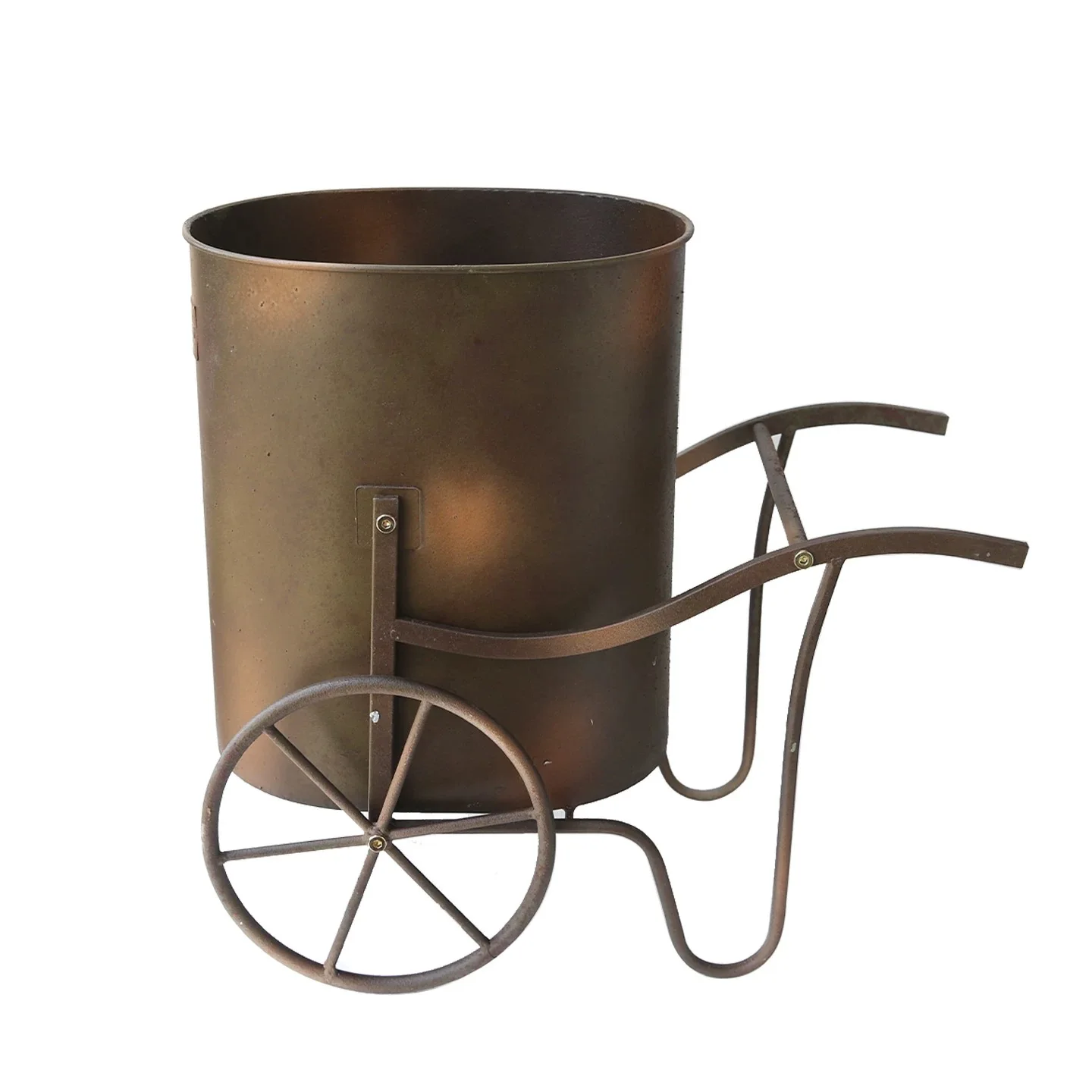 Rustic Metal Wheelbarrow Planter, Antique Bronze Finish, 29x21cm Opening, 43cm Height, Decorative Garden Cart with Wheel Base