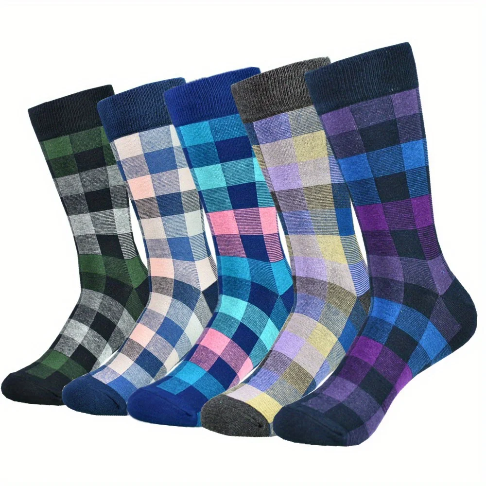 5pairs/set Men\'s Cotton Breathable Colorblock Plaid Crew Socks Casual Socks For All Seasons