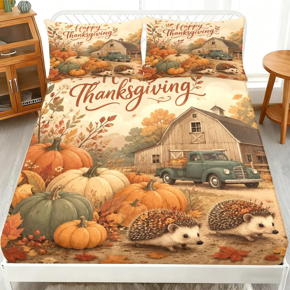 Pumpkin Hedgehog Bedding Thanksgiving Theme, Decorative Bedding Set, 3-Piece Bedding Set (1 Fitted Sheet + 2 Pillowcases), Large Capacity Deep Pocket 2D Printed Fitted Sheet and 2 Pillowcases, Mattress Protector, Fitted Elastic Style, Protective Cover, Mattress Protector, Suitable for All Seasons, Machine Washable Design, Holiday Decoration, Various Sizes, Breathable Protective Cover with Pillowcase