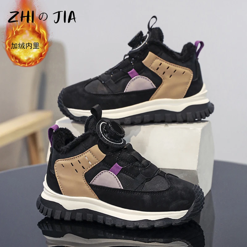 New Children's Sports Shoes Winter Children's Rotating Buckle Plush Warm Shoes Boys Girls Fashion Anti slip Sneaker