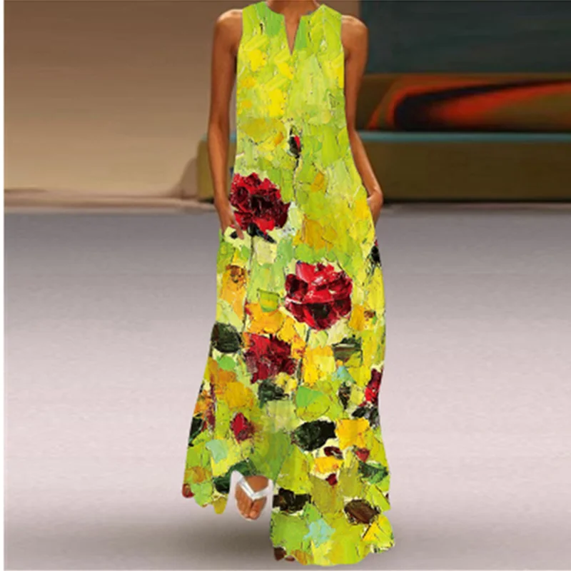 Wiosenna moda Elegancka dลuga sukienka dla kobiet Seksowna sukienka bez rฤkawรณw z kwiatowym nadrukiem Letnia sukienka damska Maxi Party