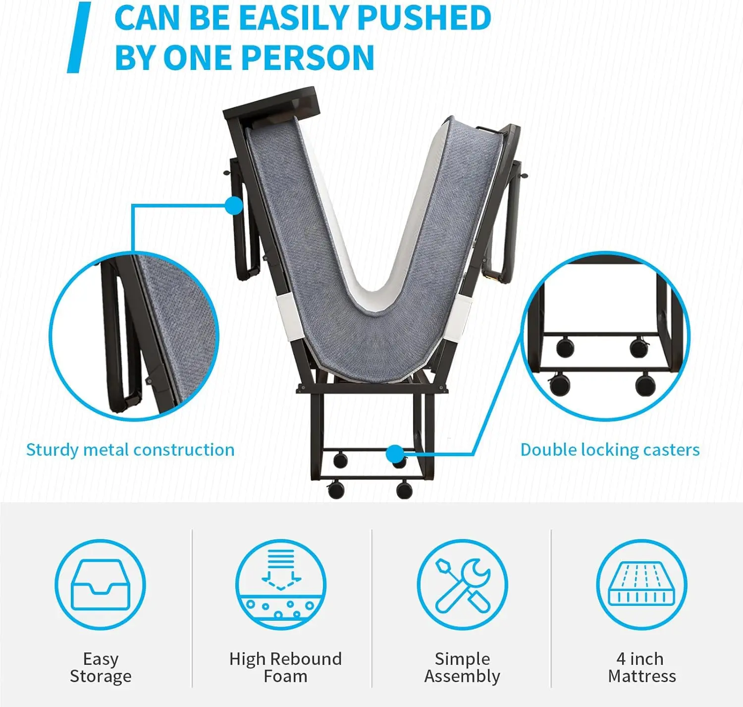 เตียงพับได้พร้อมที่นอนโฟมจำรูปขนาด5นิ้วเตียงเดี่ยวพับได้สำหรับแขกเตียงแบบพกพาประหยัดพื้นที่พร้อมล้อที่ล็อคได้