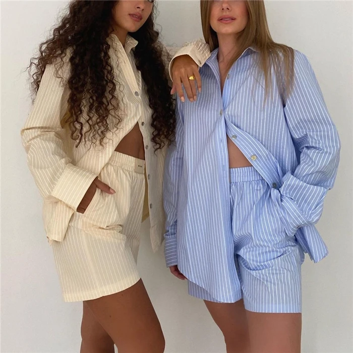 

SOUPINMAO Loung Wear Women's Home Clothes Stripe Long Sleeve Shirt Tops and Loose High Waisted Mini Shorts Two Piece Set Pajamas