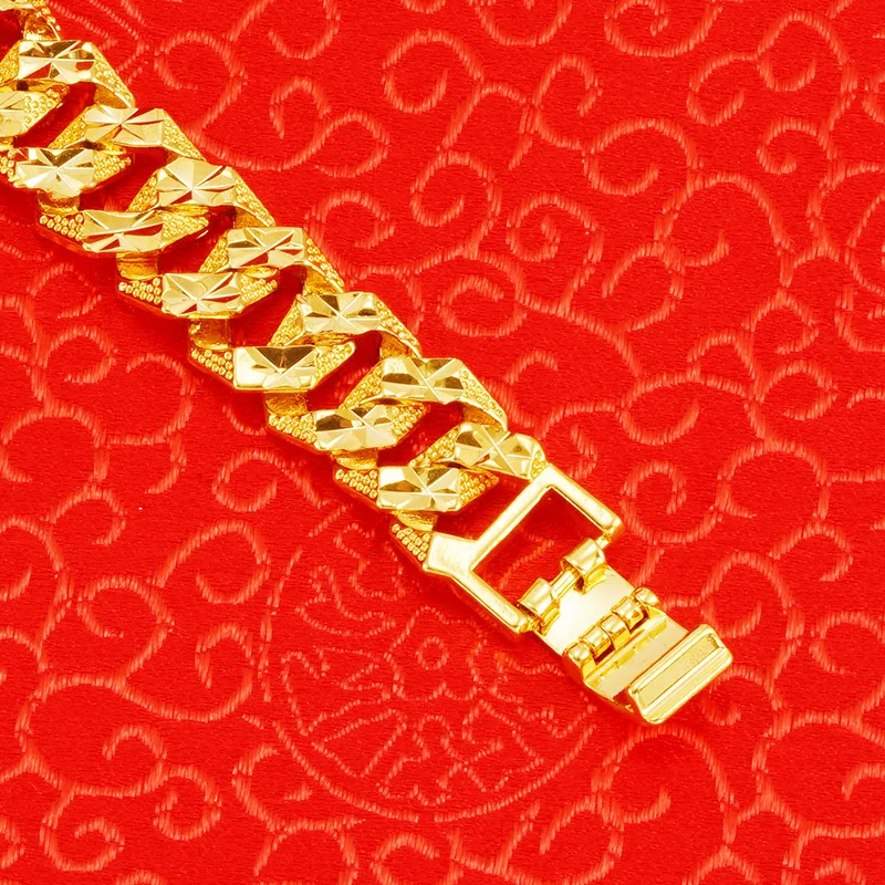 Pure 18K 999 Yellow Gold Bracelets for Men Bro Father Classic Wedding Party Christmas Gifts Jewelry Thickening Never Fade