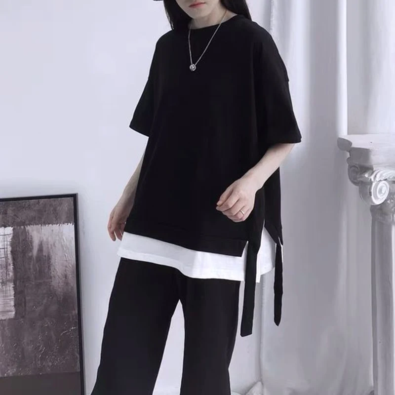 Fake Two Piece Split Summer Short Sleeve Tops Black White Patchwork Cool Hip Hop Woman Clothes Unisex Casual Oversized Solid New