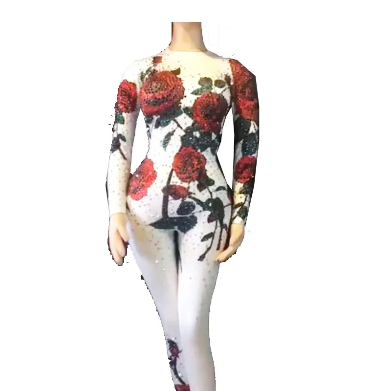 

Sexy Full Rhinestones Rose Mesh Jumpsuit Long Sleeve Stretch Singer Costume Women's Dance Birthday Outfit Woman