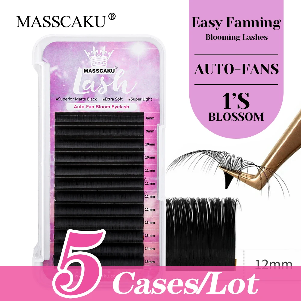 

Customized Private Label 5cases/lot 0.05/0.07mm Thickness Faux Mink Makeup Lash C D Curl Wispy Auto Fanning Eyelash by MASSCAKU