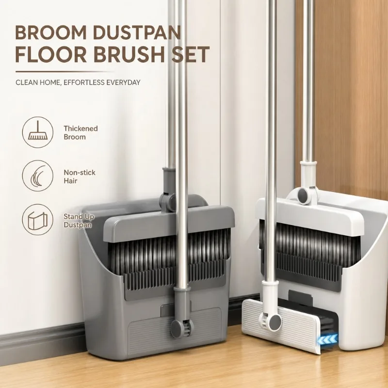 3-in-1 Folding Broom & Dustpan Set Standing Floor Brush Squeegee Sweeper with Comb Teeth for Home Kitchen Office Floor Cleaning