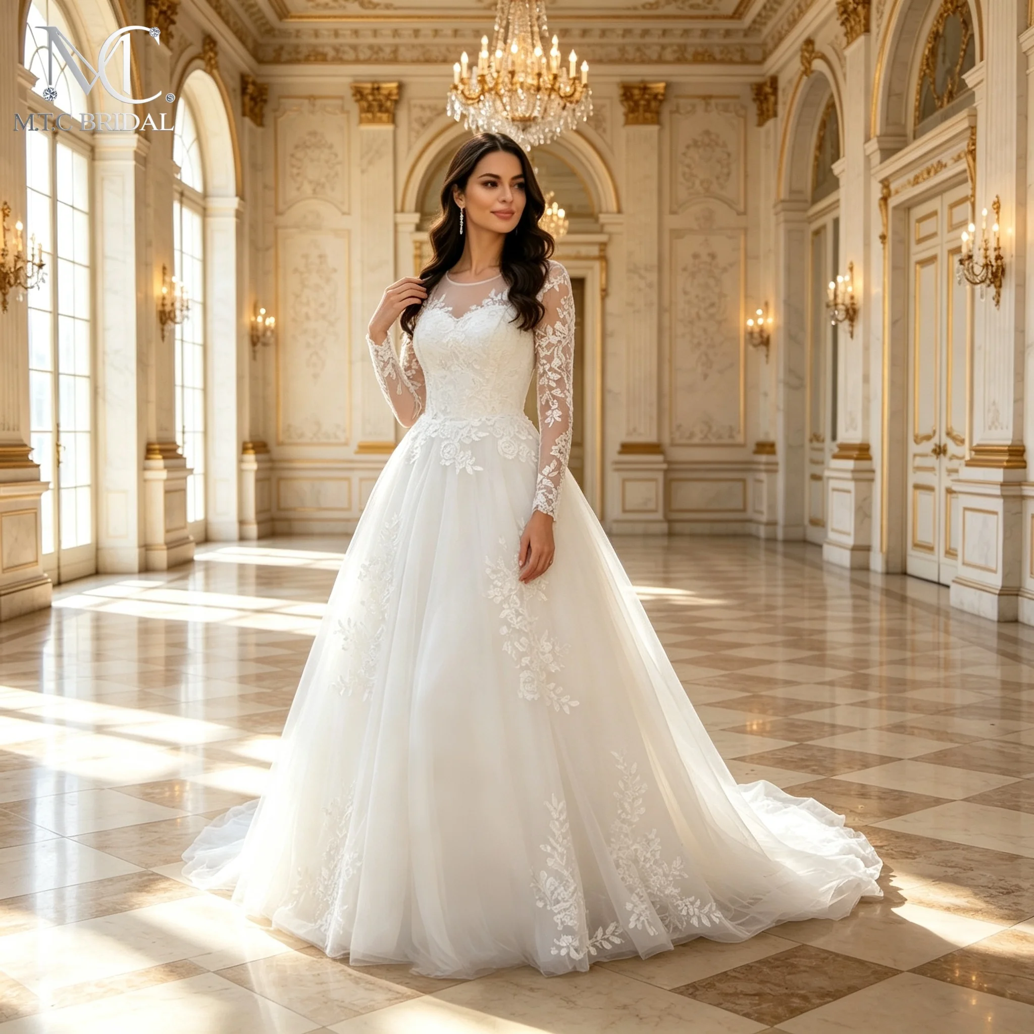 Elegant Long Sleeves White Tulle Wedding Dress A Line Sweep Train 2026 Morden Bridal Gowns Plus Size Vestido De Noiva