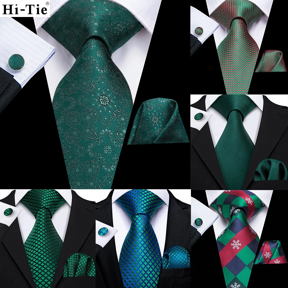 Hi-Tie Teal Green Solid Plaid Silk Wedding Tie For Men Novelty Necktie Hanky Cufflink Business Party Dropshipping Fashion Design