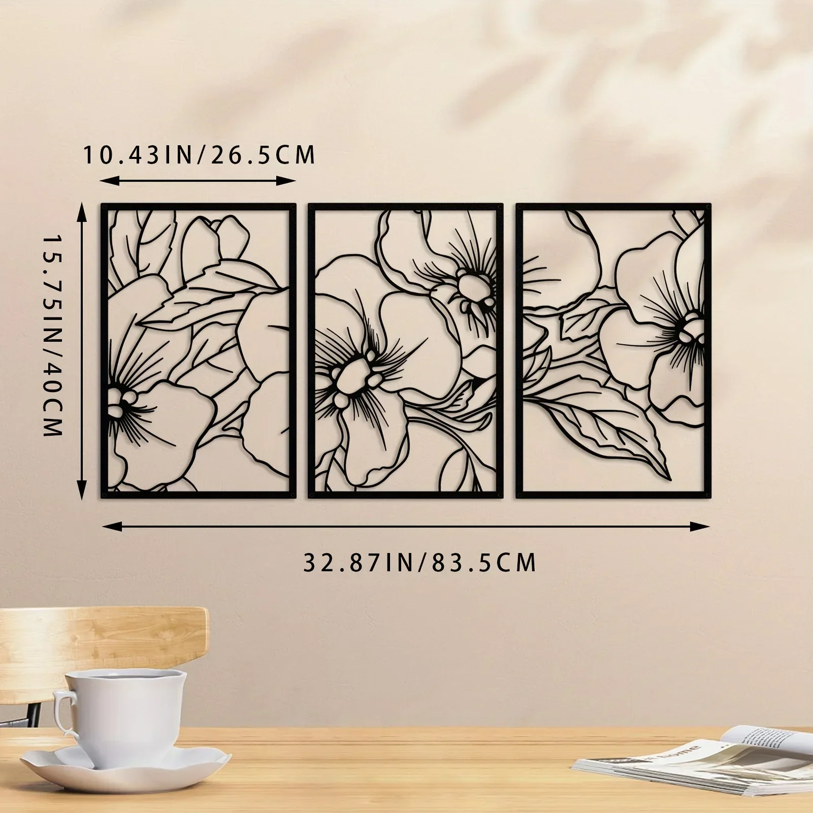 CIFBUY-Juego de 3 piezas de decoración para el hogar, arte colgante de pared de Metal, flor de pera, arte moderno cuadrado negro, escultura de pared para oficina, cocina y baño