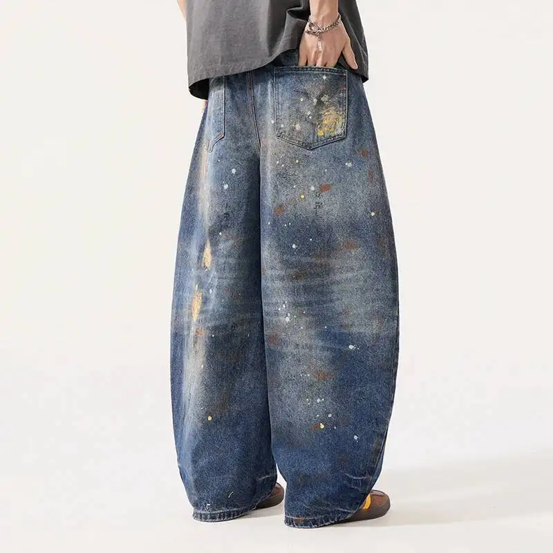 American Style Ink Splash Graffiti Men's Jeans High Street Oversize Denim Long Pants Loose Washed Vintage Trousers 9X49I6