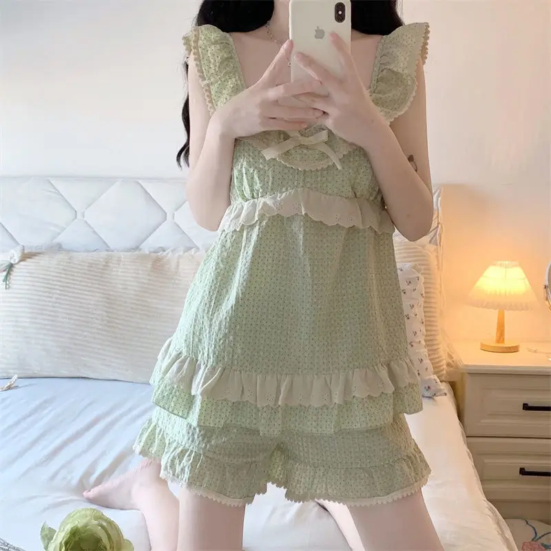 Chest Pad Sweet Cute Princess Home Sleeveless Pajamas Suit Female Japanese New Suspender Small Flying Sleeve Dorm Loungewear Set