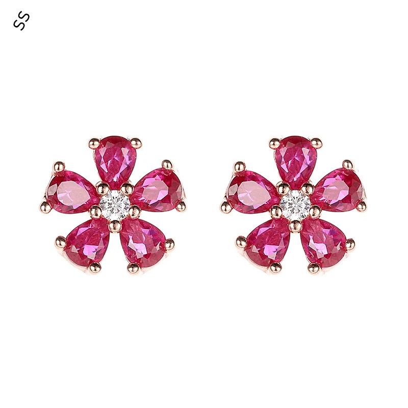 

Flower Designed Female Small Ear Studs Gold Metal Inlaid Drop Water Gemstone Ear-accessory S925