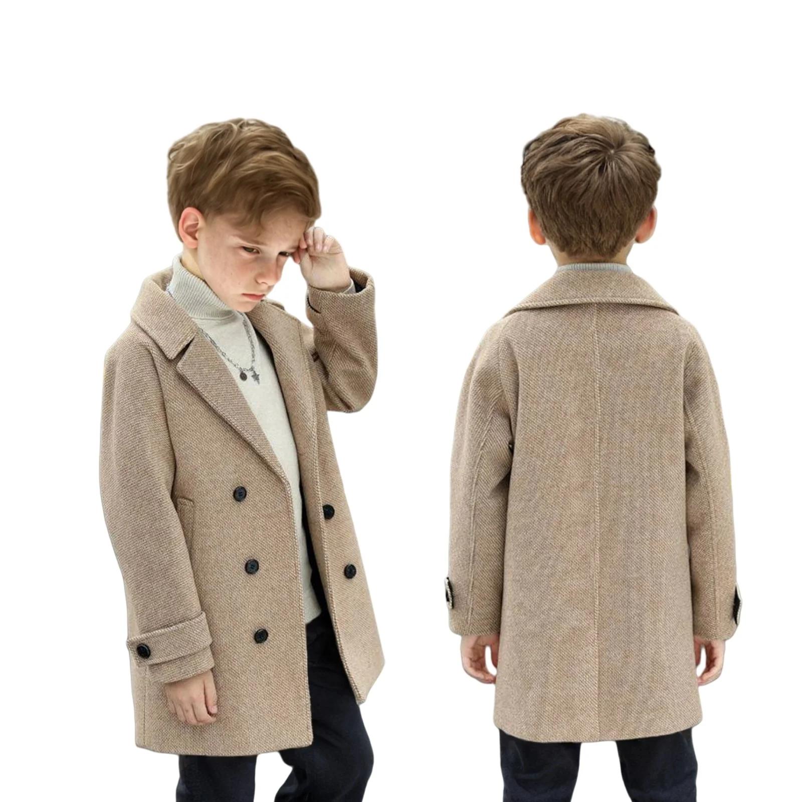 3-15Y Boys Khaki Winter Warm Wool Coat Teenager Kids Birthday Party Photography Woolen Coat Children Windproof Outdoor Jacket