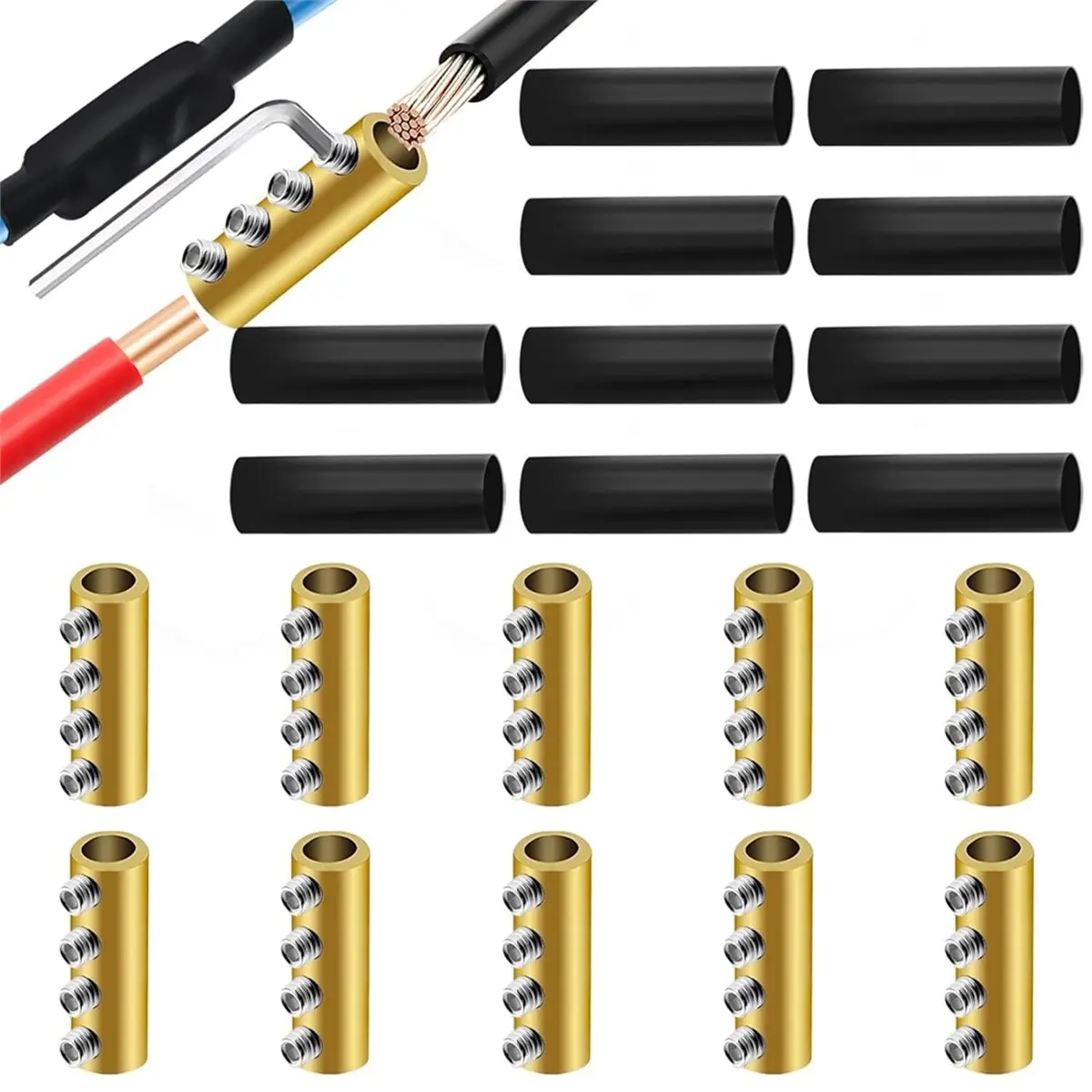 10Pcs 6 8 10 Gauge Wire Connector Nut Kit,80Amp Quick Terminal with 10Pcs Heat Shrink Tubes, Circuit Brass 4-Hole