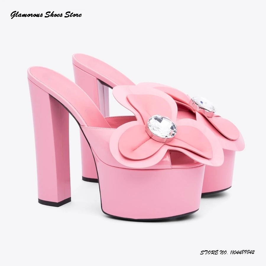 

Flower Appliques Crystal Embellished Mules Sweet Square Open Toe Chunky Heel Platform Shoes Summer Pull On Modern Slippers