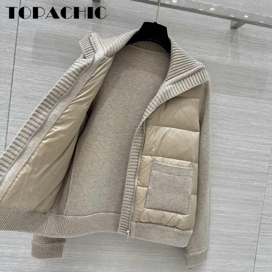 8.26 TOPACHIC-Women Clothes Fashion Double POcket Knit Spliced Long Sleeve Jacket Quilted Goose Down Lapel Zipper Outerwear