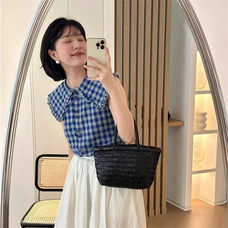 

Women Clothing Summer Fashion Casual Button Plaid Color Blocking Turn-down Collar Women Shirts Simplicity All-match Short Sleeve