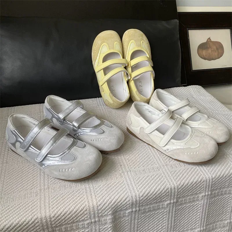 

2025 Summer New Soft Bottom Ballet Yellow Mary Jane Women's Shoes Shallow Mouth Round Head Mesh Shoes Sneakers