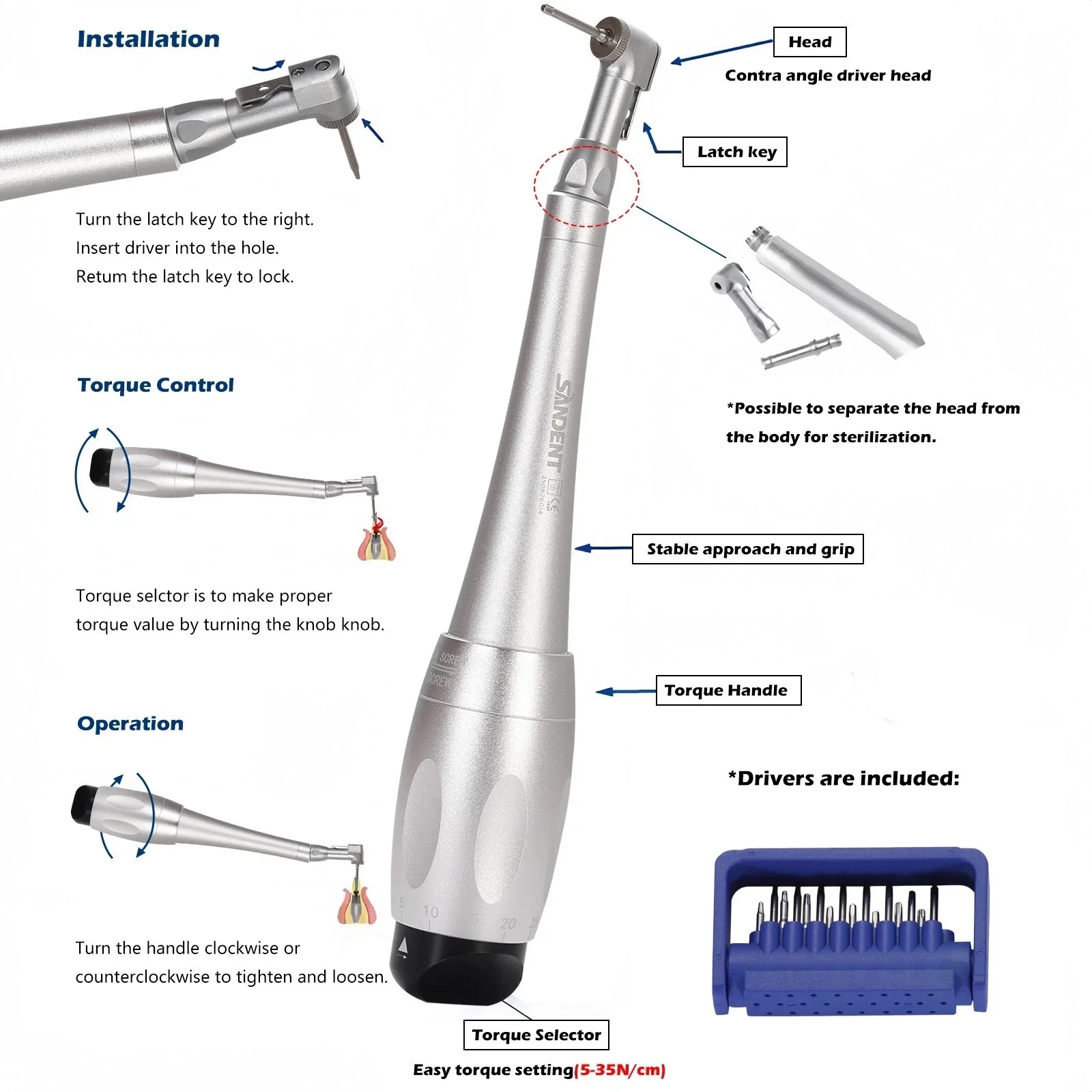 Dental Universal Implant Kit Torque Wrench Contra Angle Handpiece & 16PCS Drivers Silver Color