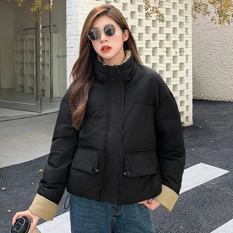 

Женская зимняя куртка, короткое хлопковое пальто, парка, пальто, новый сращенный цветной воротник-стойка, толстое свободное модное теплое пальто женское