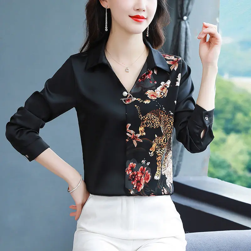 Women\'s Polo Collar Spring and Summer 2024 New Minimalist Commute Contrast Color Printed Long Sleeved Button Pullover Shirt Tops